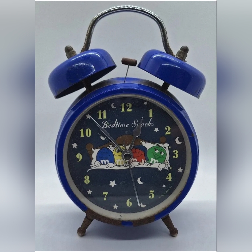 M&M’S Blue Alarm Clock With Double Bell Steel "Bedtime Snacks” Battery Operated